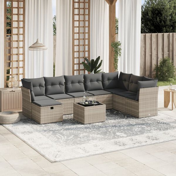 vidaXL Salon de jardin 9 pcs avec coussins gris clair r&eacute;sine tress&eacute;e