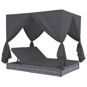 vidaXL Chaise longue d'ext&eacute;rieur avec rideaux R&eacute;sine tress&eacute;e Gris