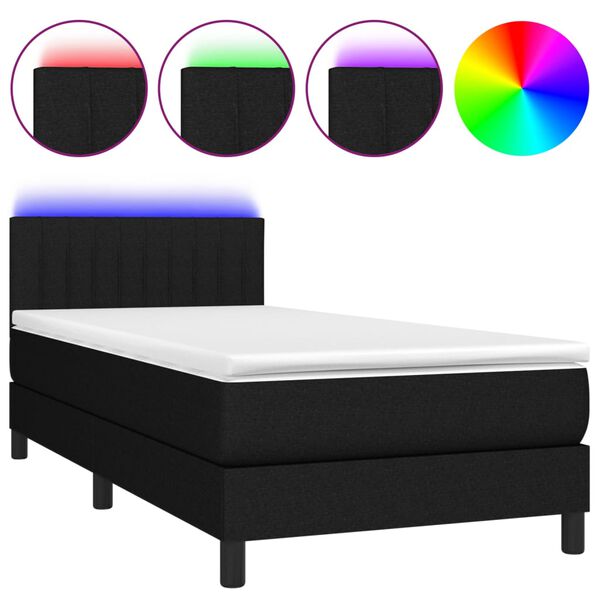 vidaXL Sommier &agrave; lattes de lit avec matelas et LED Noir 90x190cm Tissu