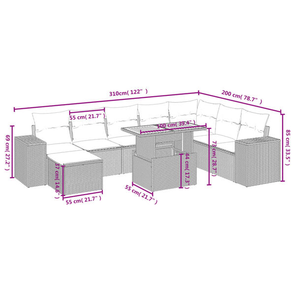 vidaXL Salon de jardin 9 pcs avec coussins gris r&eacute;sine tress&eacute;e