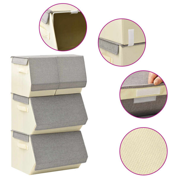 vidaXL Bo&icirc;tes de rangement empilables 4 pcs Tissu Gris et cr&egrave;me
