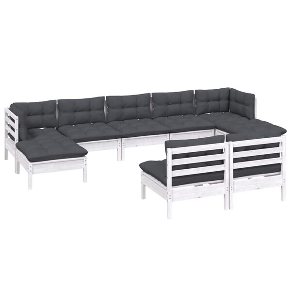 vidaXL Salon de jardin 9 pcs avec coussins blanc bois de pin