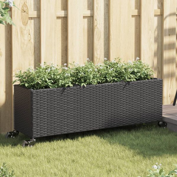 vidaXL Jardini&egrave;re avec roulettes et 3 pots noir 107x32x38 cm rotin
