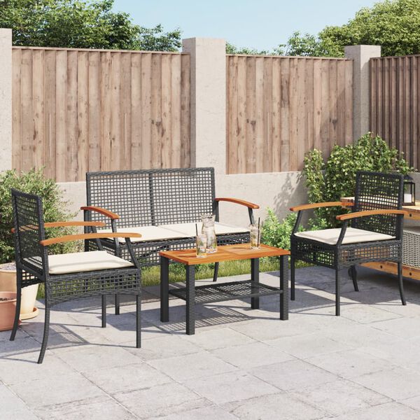 vidaXL Salon de jardin 4 pcs avec coussins Noir R&eacute;sine tress&eacute;e