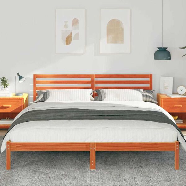 vidaXL Cadre de lit avec t&ecirc;te de lit Brun cire 200 x 200 cm Pin massif
