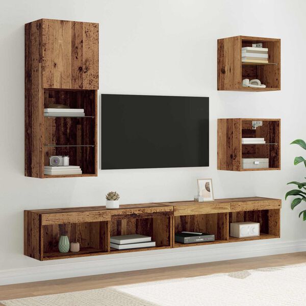 vidaXL Unit&eacute;s murales TV avec LED 5 pcs Bois Ancien Bois d'ing&eacute;nierie