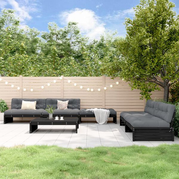 vidaXL Salon de jardin 6 pcs avec coussins noir bois massif