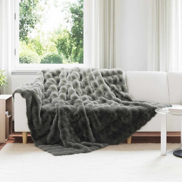 vidaXL Couverture en Fourrure de Lapin Synth&eacute;tique Gris fonc&eacute;