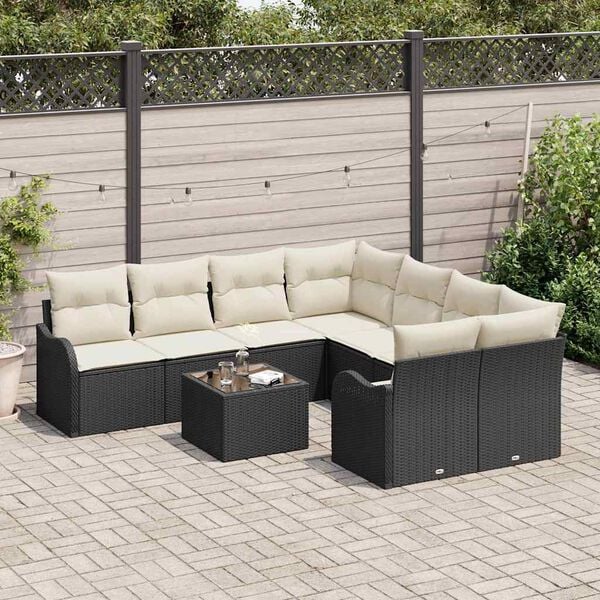 vidaXL Ensemble de canap&eacute; de jardin avec coussin 9 pcs Noir et Cr&egrave;me