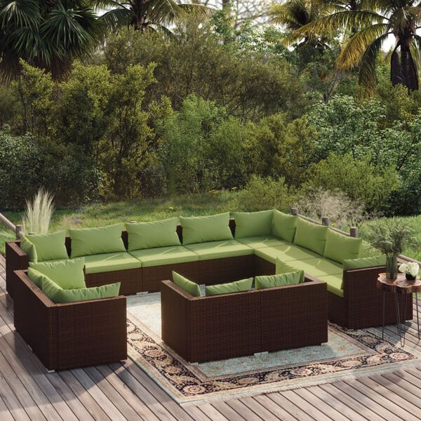 vidaXL Salon de jardin 12 pcs avec coussins Marron R&eacute;sine tress&eacute;e