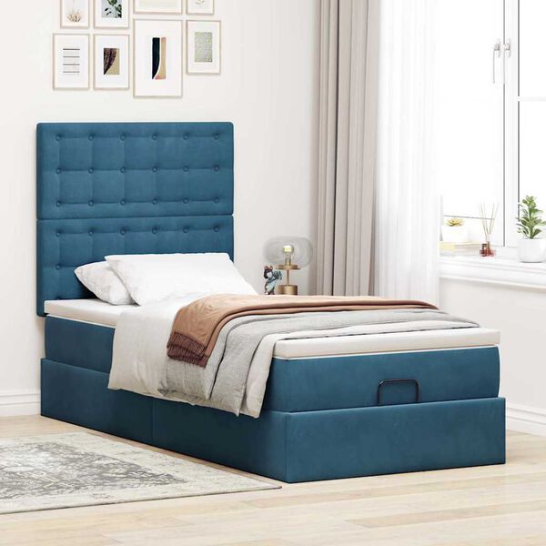 vidaXL Cadre de lit ottoman avec matelas bleu fonc&eacute; 100x200 cm velours