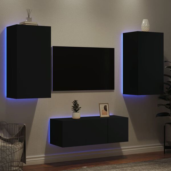 vidaXL Unit&eacute;s murales TV avec LED 4 pcs noir bois d'ing&eacute;nierie