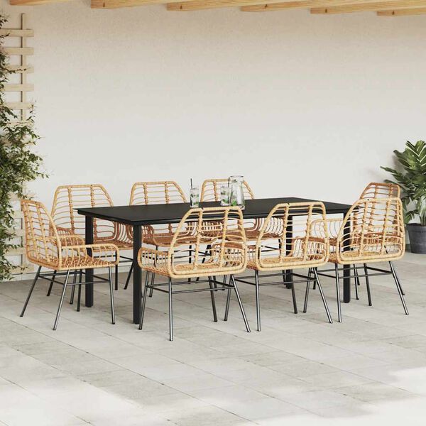 vidaXL Ensemble &agrave; manger de jardin 9 pcs marron r&eacute;sine tress&eacute;e verre