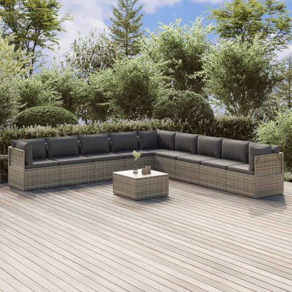 vidaXL Salon de jardin 10 pcs avec coussins Gris Résine tressée