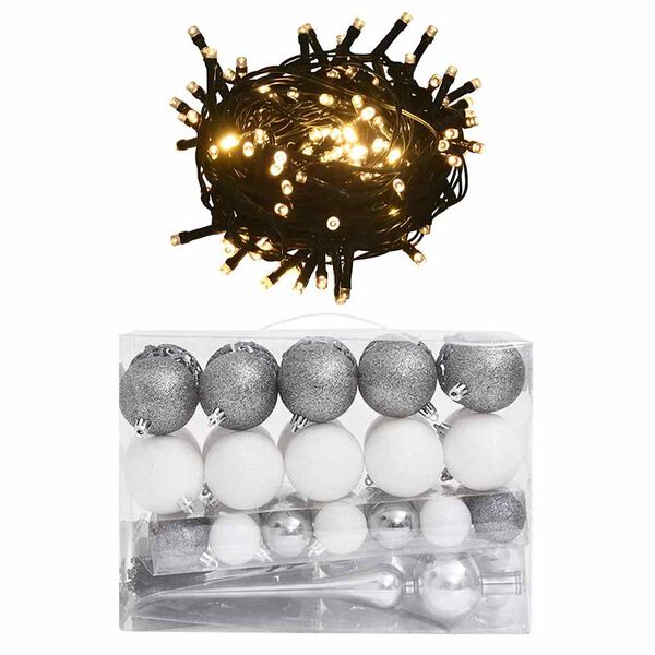 vidaXL Set de boules de Noël avec pic et 150 LED 60 pcs Blanc et gris
