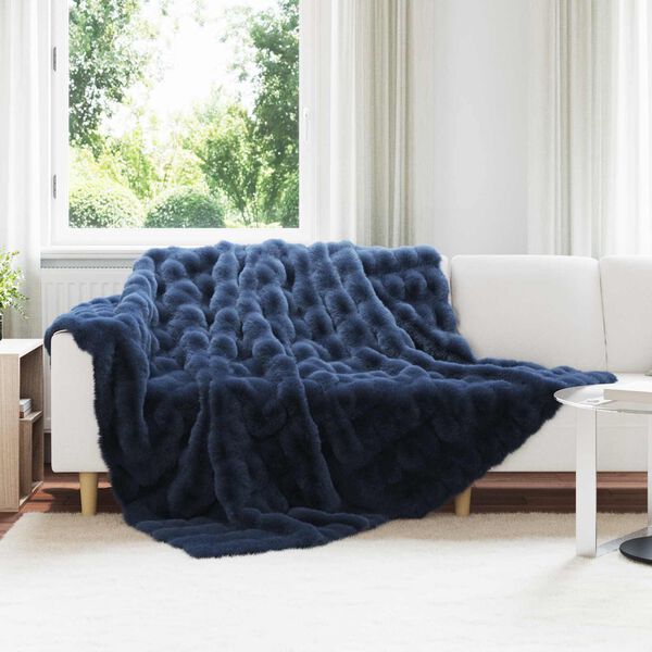 vidaXL Couverture en Fourrure de Lapin Synth&eacute;tique Bleu Marine