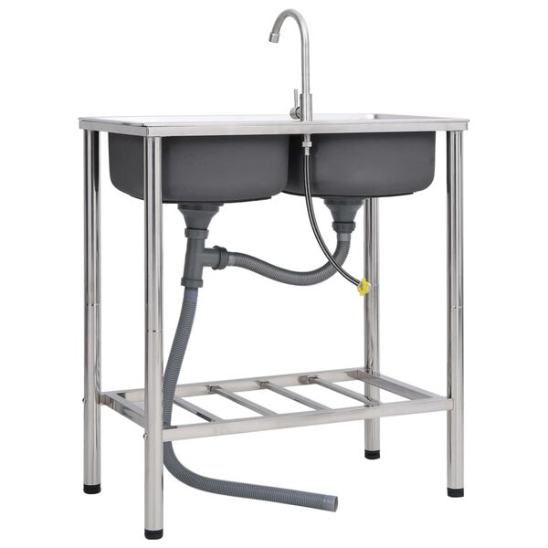 vidaXL Évier de camping Double lavabo avec robinet Acier inoxydable