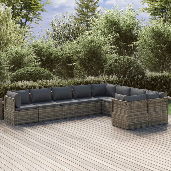 vidaXL Salon de jardin 9 pcs avec coussins Gris R&eacute;sine tress&eacute;e