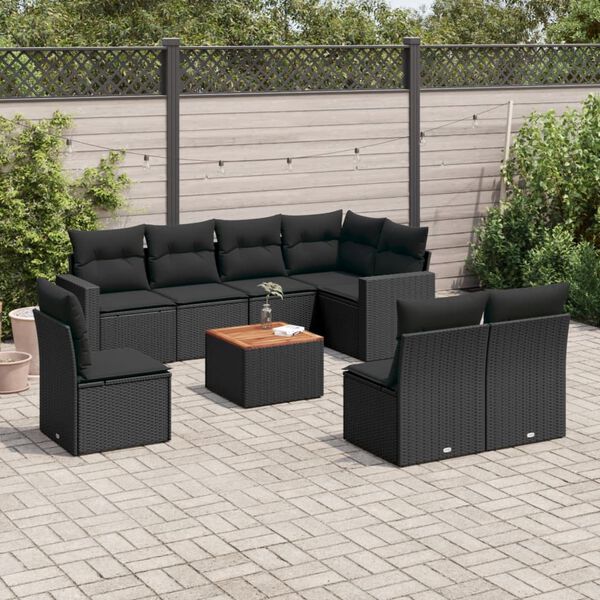 vidaXL Salon de jardin 9 pcs avec coussins noir r&eacute;sine tress&eacute;e