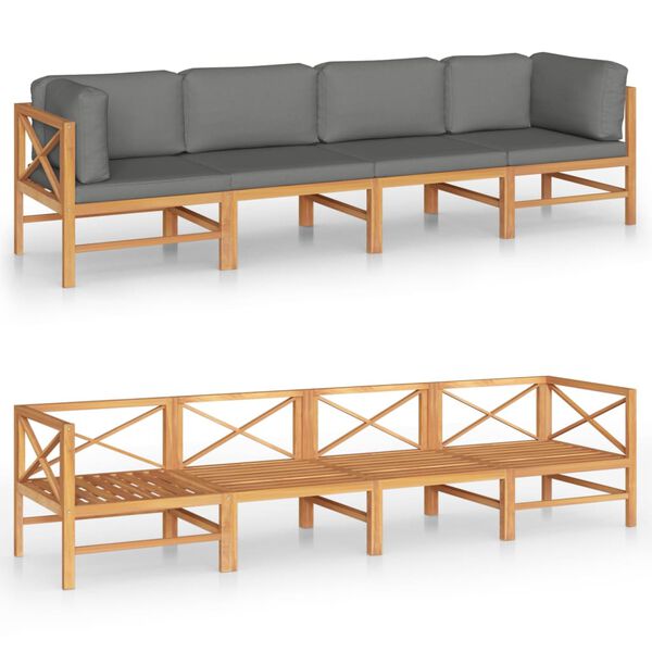 vidaXL Canap&eacute; de jardin 4 places et coussins gris Bois de teck massif