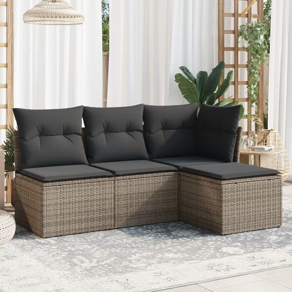 vidaXL Salon de jardin 4 pcs avec coussins gris r&eacute;sine tress&eacute;e