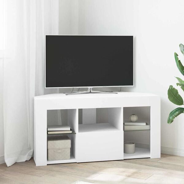 vidaXL Meuble TV LED d'Angle Blanc 100 x 40 x 50 cm Bois d'ing&eacute;nierie