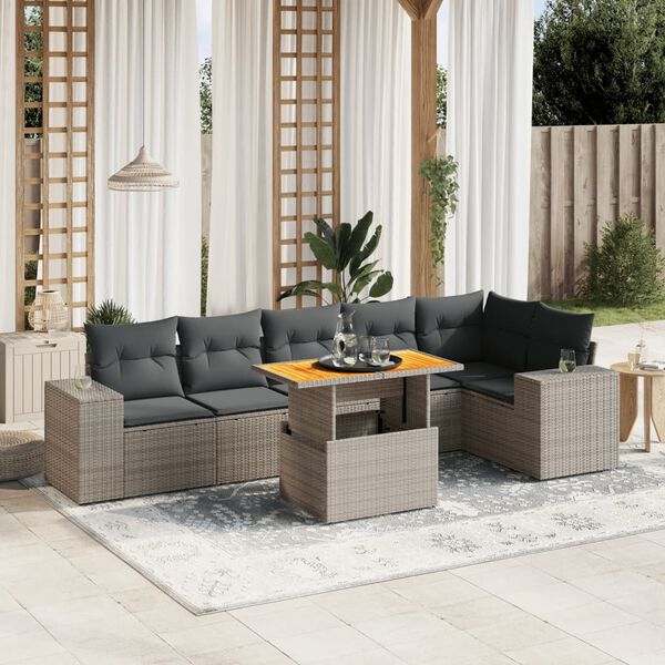 vidaXL Salon de jardin avec coussins 7 pcs gris r&eacute;sine tress&eacute;e