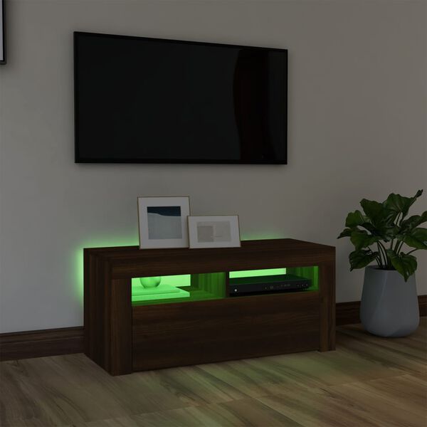vidaXL Meuble TV avec lumi&egrave;res LED Ch&ecirc;ne marron 90x35x40 cm