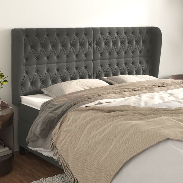 vidaXL T&ecirc;te de lit avec oreilles Gris fonc&eacute; 203x23x118/128 cm Velours