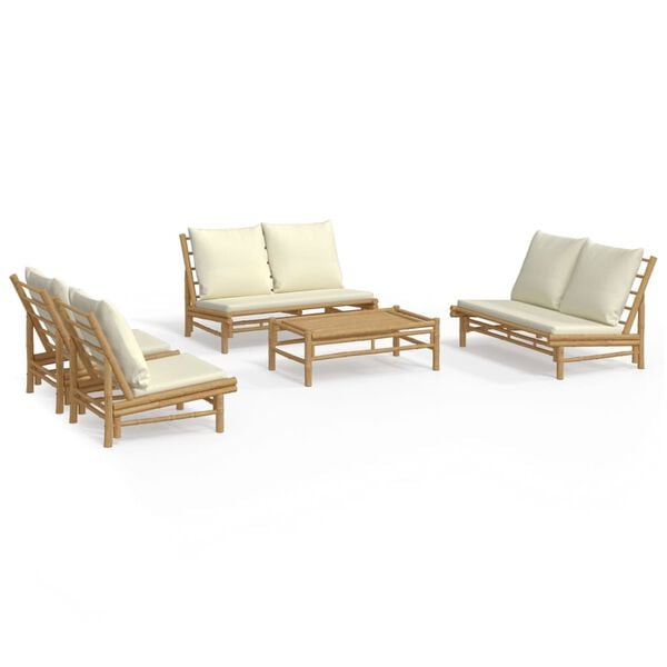 vidaXL Salon de jardin 5 pcs avec coussins blanc cr&egrave;me bambou