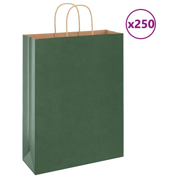 vidaXL Sacs en papier 250 pcs avec poign&eacute;es vert 32x12x42 cm