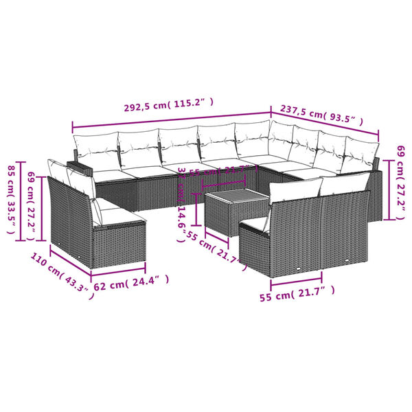 vidaXL Salon de jardin avec coussins 13 pcs beige r&eacute;sine tress&eacute;e