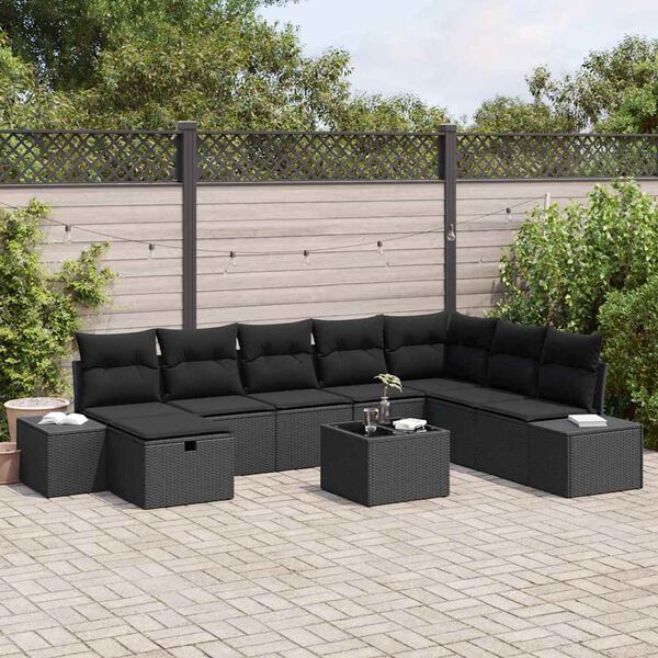 vidaXL Ensemble de canap&eacute; de jardin avec coussin 9 pcs Noir polyrotin