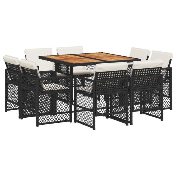 vidaXL Ensemble &agrave; manger de jardin 9pcs coussins noir r&eacute;sine tress&eacute;e