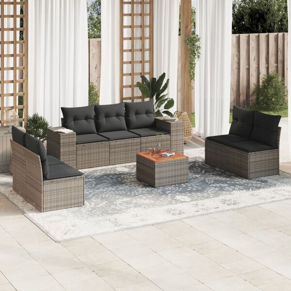 vidaXL Salon de jardin 8 pcs avec coussins gris r&eacute;sine tress&eacute;e