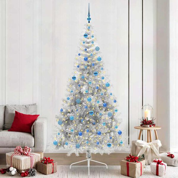 vidaXL Sapin de No&euml;l artificiel pr&eacute;-&eacute;clair&eacute; Argent 240 cm PET