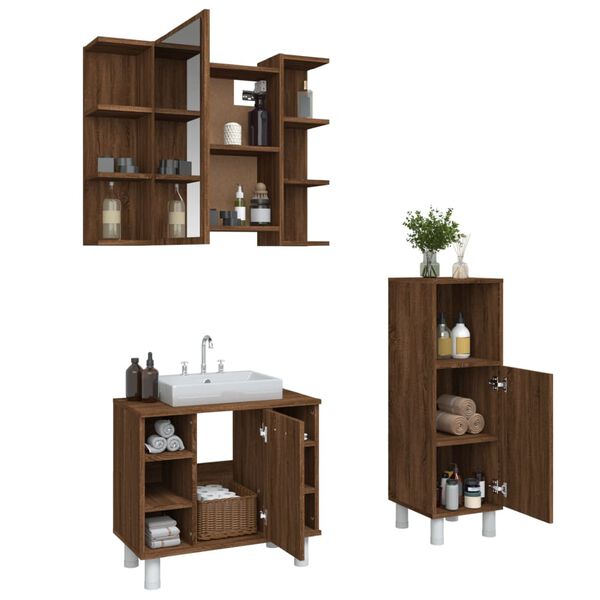 vidaXL Ensemble d'armoires de salle de bain 3 pcs ch&ecirc;ne marron