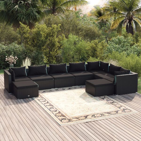 vidaXL Salon de jardin 9 pcs avec coussins R&eacute;sine tress&eacute;e Noir