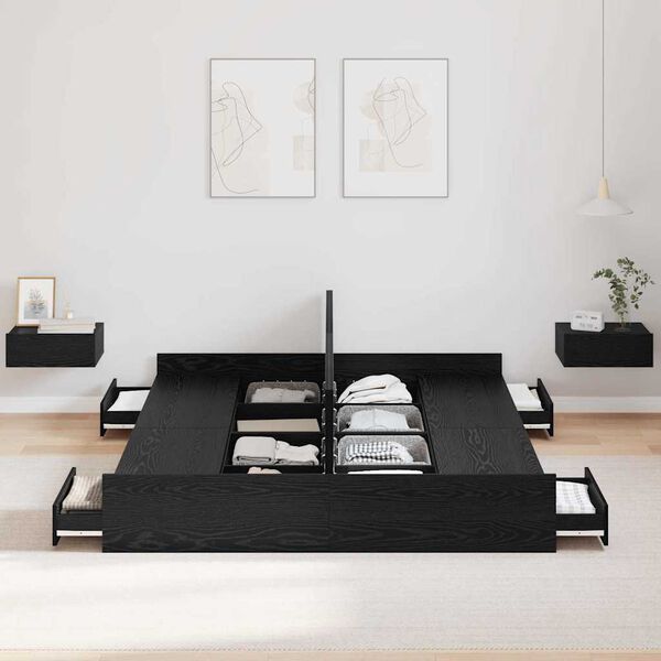 vidaXL Cadre de lit avec rangement avec tiroir Ch&ecirc;ne noir 140 x 190 cm