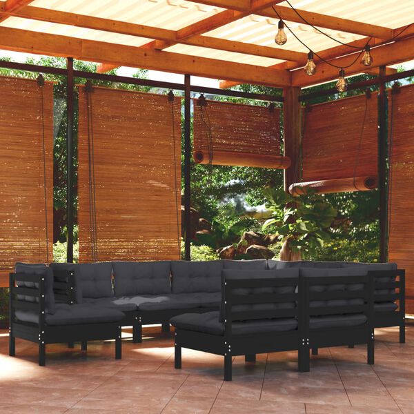 vidaXL Salon de jardin 9 pcs avec coussins Noir Bois de pin massif