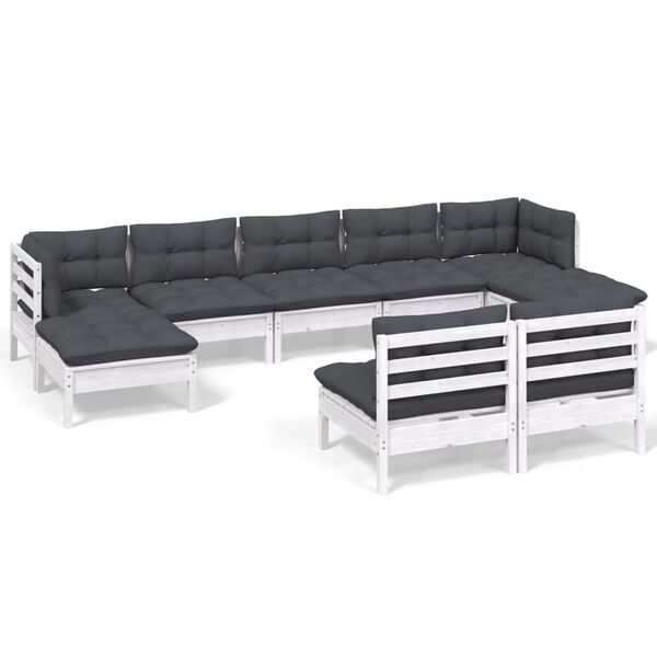 vidaXL Salon de jardin 9 pcs avec coussins blanc bois de pin