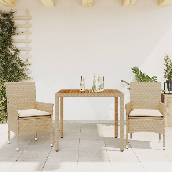 vidaXL Ensemble &agrave; manger de jardin et coussins 3pcs beige rotin acacia