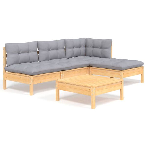 vidaXL Salon de jardin 5 pcs avec coussins gris bois de pin