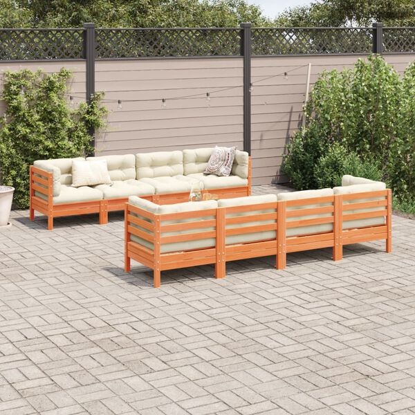 vidaXL Salon de jardin 9 pcs avec coussins marron cire bois pin massif