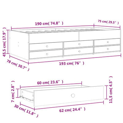 vidaXL Lit de jour avec tiroirs sans matelas noir 75x190 cm