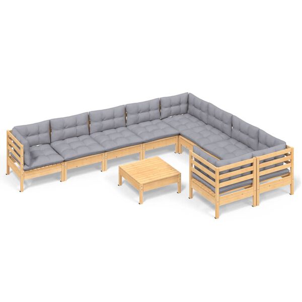 vidaXL Salon de jardin 10 pcs avec coussins gris Bois de pin