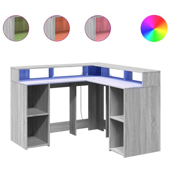 vidaXL Bureau et lumi&egrave;res LED sonoma gris 130x130x91cm bois ing&eacute;nierie