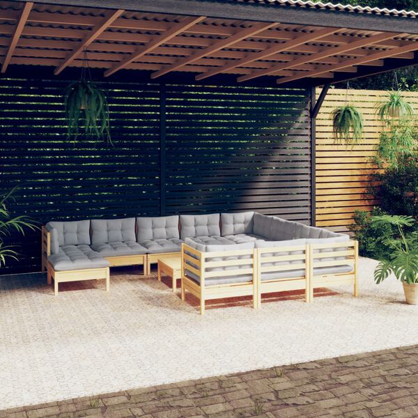 vidaXL Salon de jardin 12 pcs avec coussins gris Bois de pin