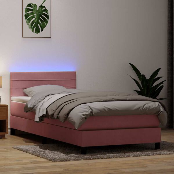 vidaXL Sommier &agrave; lattes de lit avec matelas et LED rose 90x210 cm velours