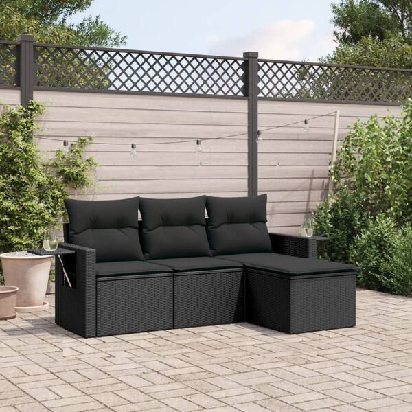 vidaXL Salon de jardin 4 pcs avec coussins noir résine tressée